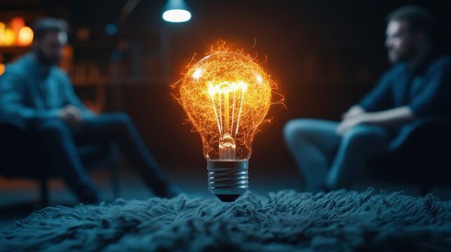 An illuminated light bulb surrounded by a soft glow captures the essence of brainstorming and innovation, sparking conversation between two people in the background.