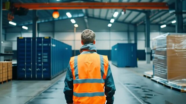 A lone worker in a bright orange vest stands in a large warehouse with his back to the viewer. He looks at a large blue shipping container and a row of cardboard boxes.