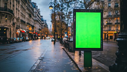 Empty green screen billboard on Parisian street at twilight