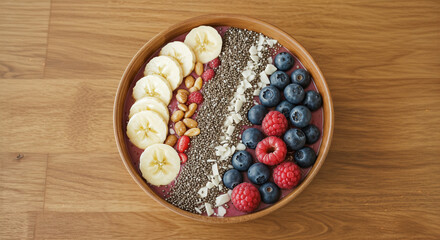 Top view of a healthy bowl of fruits served with oat, generative ai
