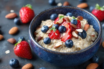 Blue bowl of oatmeal topped with berries and nuts Healthy vegetarian diet idea