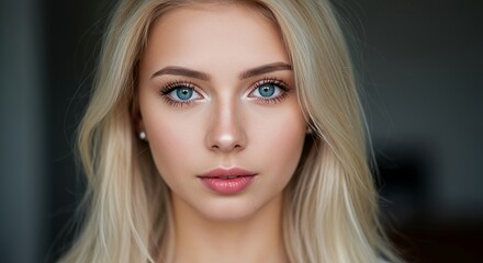 Generative AI portrait of a blonde white skinned modern young lady in 20's, looking directly camera, her eyes are big and green, she has a natural make-up, her skin is flawless, smiling slightly, back