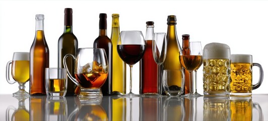 The assortment of various alcoholic beverages elegantly displayed on a reflective surface.