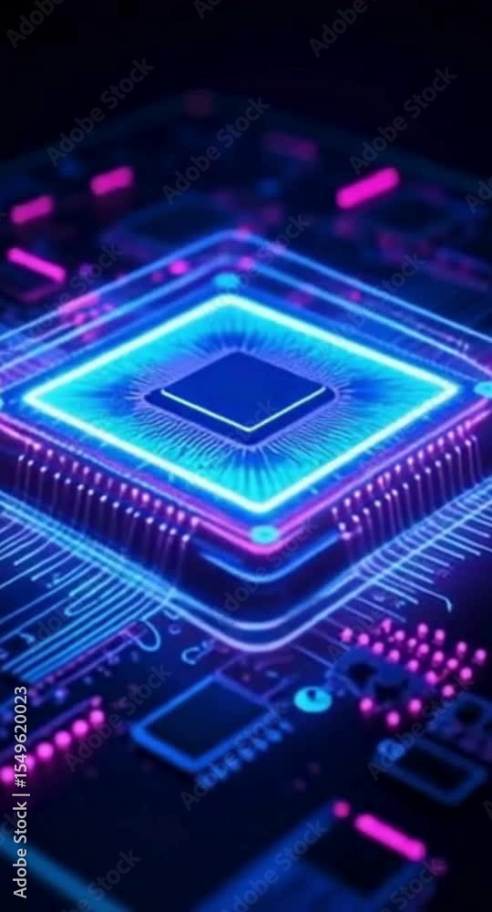 Poster closeup of a glowing blue and pink computer processor circuit board
