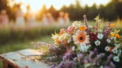 A colorful bouquet of flowers is beautifully arranged against a soft, sunlit backdrop, celebrating nature's beauty and the joy it brings to our lives amidst vibrant greenery.