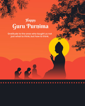 Guru Purnima Celebration Poster with Buddha Silhouette and Disciples