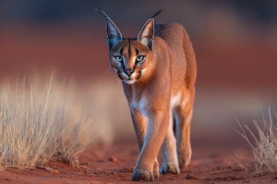 A medium sized African cat the caracal is a nocturnal predator found in the Kalahari s Kgalagadi park captured in wildlife photography on red dunes