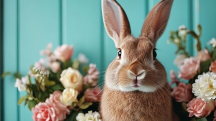 Fototapeta premium A charming rabbit sits gracefully amidst a vibrant bouquet of flowers, exuding cuteness and joy while reflecting the beauty of nature in spring and festivity.
