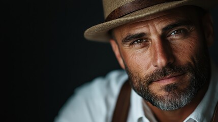 A close-up portrait of a rugged man wearing a hat, showcasing his thoughtful gaze and facial features, evoking a sense of confidence and introspection.