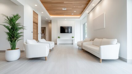 Fototapeta premium A sleek and modern lobby featuring white furniture and a wooden ceiling, embodying elegance, simplicity, and a contemporary aesthetic.