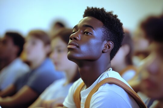 Athlete in classroom during discussion, daydreaming.