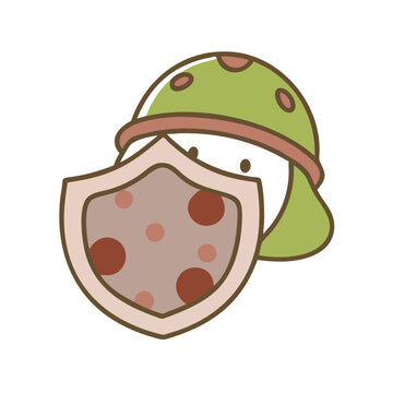 Mini cartoon soldier hide behind a shield