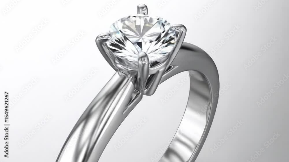 Poster close-up of diamond ring with silver band sparkling in multiple angles and views