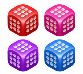 Dice set. Red, blue, purple and pink dice. Vector 3d clipart isolated on white background.