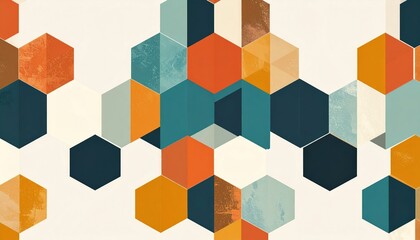 Obraz premium Colorful hexagonal shapes create a modern, geometric pattern with a retro color palette of blue, orange, and cream on a light background.