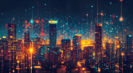 Fototapeta premium Futuristic city skyline at night, illuminated by glowing lines and points of light