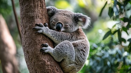 Fototapeta premium A sleepy koala, minimalist style, clinging to a eucalyptus tree, soft natural light, with a forest canopy in the background