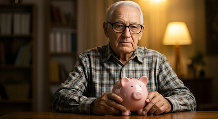 Senior Man Worried About Retirement Savings Piggy Bank Financial Security Old Age Pension Plan