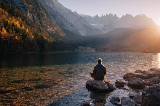 A solitary man reflects in a peaceful natural setting Concept of travel and wellness with a sunny lake and mountains in the backdrop showcasing sustainable climate imagery