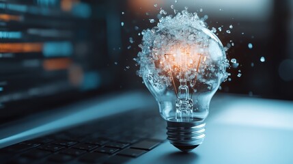 A visually striking image of a light bulb surrounded by a splash of water, conveying creativity and innovation with a soft, artistic background.