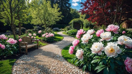 Сozy garden ambience with blooming peonies, a rocky winding path and a wooden bench for relaxing on a sunny day. AI generated