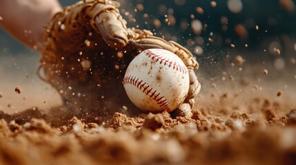 A dynamic action shot capturing a baseball player poised to catch a ball as dust rises from the ground, highlighting the thrill and energy of the sport during gameplay.