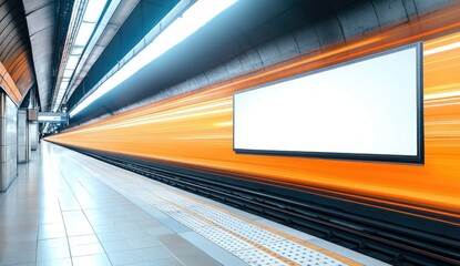 Subway station platform with moving train and blank billboard