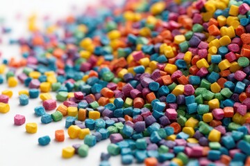 Vibrant masterbatch pellets polymer color additives isolated on white for product catalog in plastic manufacturing