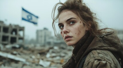 A striking portrait of a woman in a war-torn environment, showcasing determination and resilience against adversity, symbolizing strength in the face of destruction.