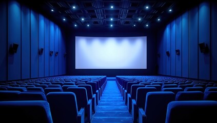 Vast cinema auditorium with rows of blue curved seats facing empty illuminated screen, high angle rear view capturing spacious interior architecture and hyperreal cinematic atmosphere.