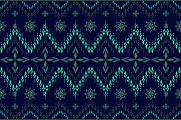 Fototapeta premium A dark blue native woven fabric pattern blending geometric and floral motifs in teal and dark green tones, creating a calm and mysterious feel.