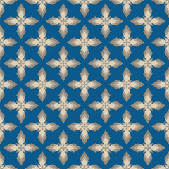 Seamless Pattern Native ethnic thai geometric pattern samless gold flowers snow and blue on a light gray background. Native thai fabric tiles, wallpaper, carpets.