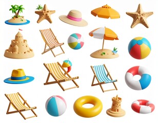 Obraz na płótnie Canvas beach 3D vector icon set._island,starfish,sunglasses,beach hat,sand castle,swim ring, 