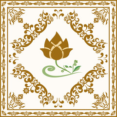 Native ethnic thai geometric pattern samless gold and red on a light gray background. Native thai fabric tiles, temple, wallpaper, carpets.