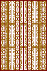 Native ethnic thai geometric pattern samless gold and red on a light gray background. Native thai fabric tiles, rugs, shirts, wallpaer, windows, doors.