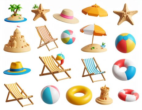 beach 3D vector icon set._island,starfish,sunglasses,beach hat,sand castle,swim ring, 