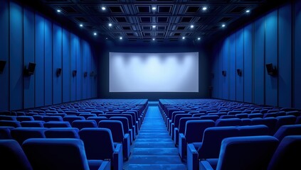 Vast cinema auditorium with rows of blue curved seats facing empty illuminated screen, high angle rear view capturing spacious interior architecture and hyperreal cinematic atmosphere.