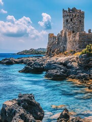 Ancient stone building, rocky coastline, blue sea, clear sky