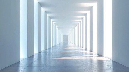 A long, empty white corridor with bright light at the end, creating a sense of depth and perspective.