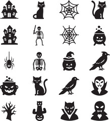 Collection of Black Halloween Icons Silhouettes Spooky Symbols Witch Cauldron Cat Skeleton Spider Web Haunted House Vampire Bat Raven