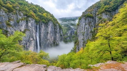Misty Mountain Waterfall Landscape