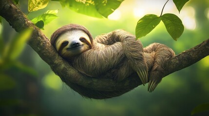 A sleepy sloth, minimalist style, hanging from a tree branch, soft natural light, with a jungle canopy in the background