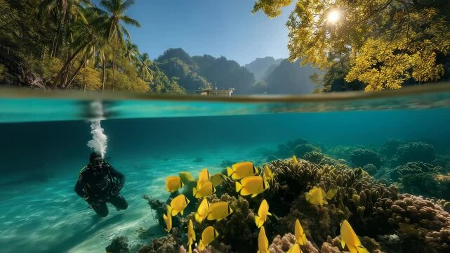Split-Level View of Scuba Diver Beneath Research Boat in Tropical Jungle Bay