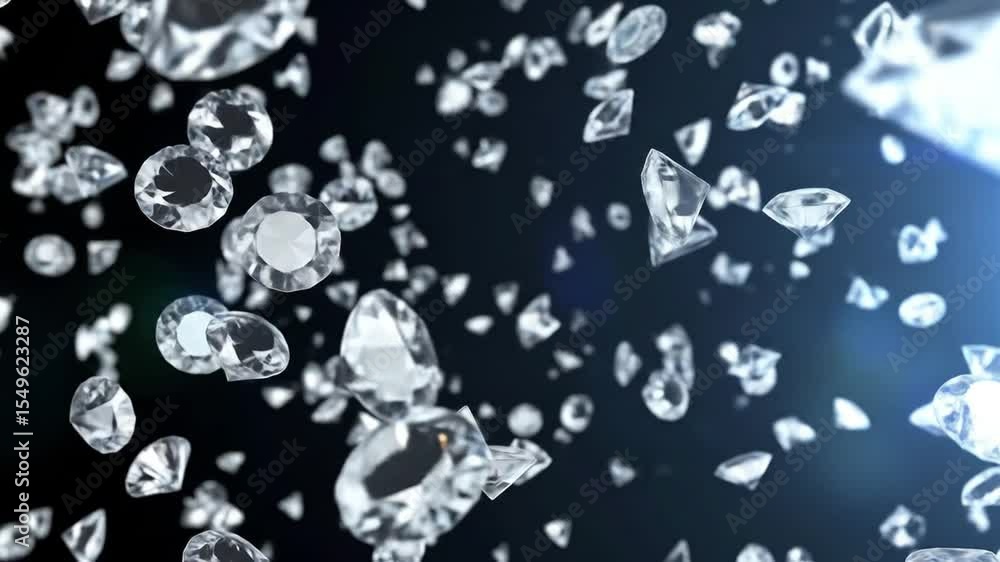 Poster elegant diamond rain animation: sparkling gems falling in a beautiful 3d render