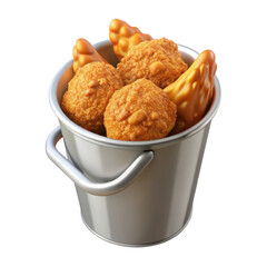 Crispy Fried Chicken Wings Golden Brown in Silver Metal Bucket isolated on a transparent background image