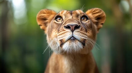 A close-up portrait of a lioness looking up, showcasing her expressive eyes and strong features, set against a softly blurred green background in nature.
