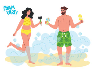 Young woman and young man enjoying foam party together on beach .