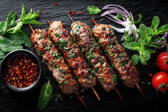 Spiced minced meat kebabs grilled and accompanied by fresh herbs and zesty sauce Viewed from above on a black background