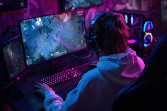 Bird s eye view of a pro gamer in headphones playing a shooter game on a high end PC in a dark neon lit room at night competing in an online esports tournament