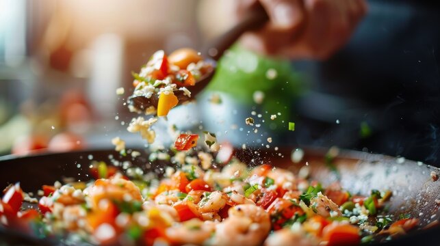 A vibrant action shot capturing a chef's hand stirring a colorful medley of shrimp, vegetables, and herbs in a sizzling pan, evoking the energy of cooking.